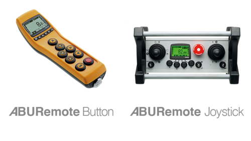 Ilustracja nadajnika ręcznego ABURemote Button i nadajnika głównego ABURemote Joystick
